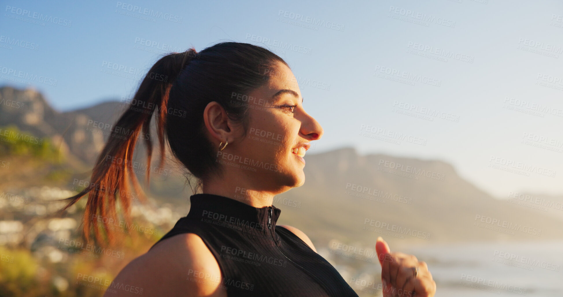 Buy stock photo Woman, fitness or running with sunset on mountain for workout, exercise or cardio training. Profile, female person or runner with sunshine for morning jog, outdoor sprint or race challenge in nature