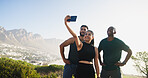 Happy people, fitness and nature with selfie for workout memory, exercise or outdoor training together. Active, group or friends with smile for photography, picture or health and wellness on mountain