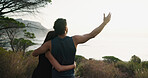 Fitness, couple and hug with view of sea, outdoor and training break for sightseeing by mountain. Exercise, man and embrace woman in nature to rest for body health, love or back together for wellness