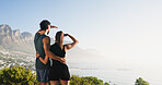 Fitness, couple and back view outdoor with ocean, mockup, space and training break by mountain. Exercise, man and woman in nature to rest for workout, body health and embrace together for wellness