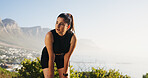 Calm, woman or breathing with fitness in nature for break, rest or recovery on mountain. Tired, female person or runner thinking in fatigue for workout exercise or outdoor training on mockup space