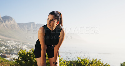 Buy stock photo Calm, woman or breathing with fitness in nature for break, rest or recovery on mountain. Tired, female person or runner thinking in fatigue for workout exercise or outdoor training on mockup space