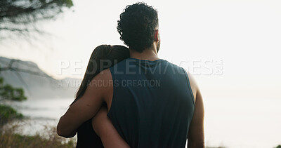 Buy stock photo Fitness, couple and hug with view of nature, outdoor and training break for sightseeing. Exercise, man and embrace woman by sea to rest for body health, love or back together for wellness by ocean