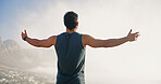 Freedom, runner and back of man in nature for mockup space, thinking and health. Fitness, workout and reflection with person and training with mountain view for sports athlete, marathon and exercise