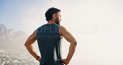 Buy stock photo Relax, fitness and back of man in nature for mockup space, thinking and health. Runner, workout and reflection with person and training with mountain view for sports athlete, marathon and exercise