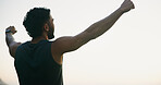 Winner, fitness and back of man in nature for mockup space, success and health. Runner, workout and freedom with male person and training with sky view for sports athlete, marathon and exercise