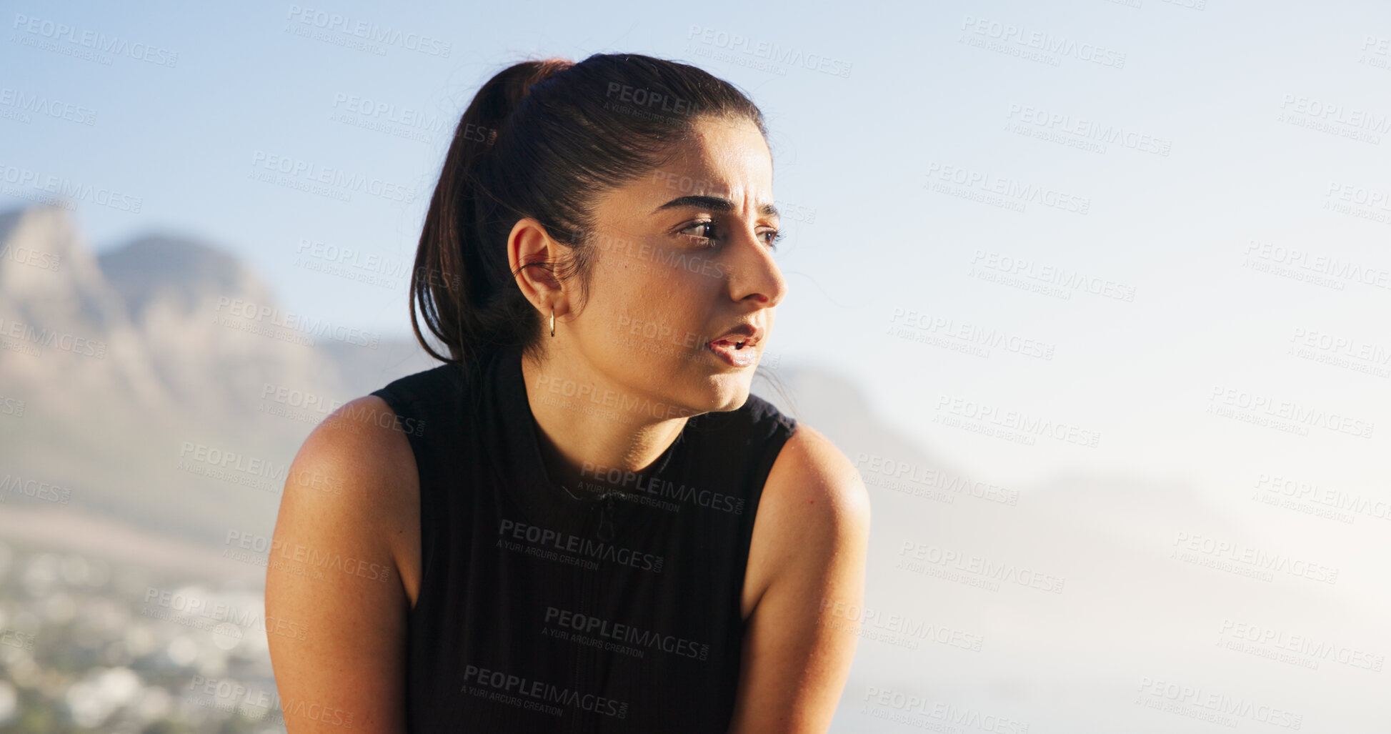 Buy stock photo Outdoor, woman and tired with thinking for fitness, running challenge and fatigue with space. Nature, female person and runner with rest for exercise, cardio and exhausted with thoughts on break