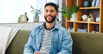 Buy stock photo Portrait, man and relax with smile in home for weekend break, peaceful and unwind in apartment. Living room, person and comfortable on sofa for day off, pride and chill with confidence and positivity