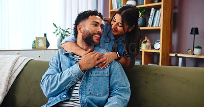 Buy stock photo Home, relax and couple on sofa, hug and bonding together with happiness in lounge. Embrace, apartment and man with woman, calm and smile with romance, relationship and love with marriage and talking