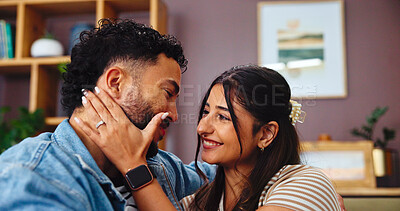 Buy stock photo Home, conversation and couple on sofa, love and bonding together with happiness in lounge. Embrace, apartment and man with woman, calm and smile with romance, relationship and marriage with support