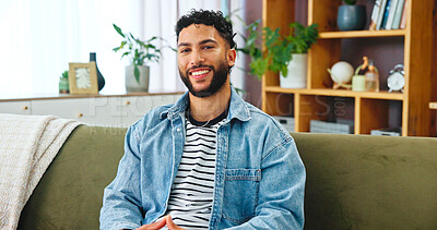 Buy stock photo Portrait, break or happy man in house living room for wellness, weekend or leisure. Face, sofa or proud male person with confidence, smile or good mood for satisfaction or resting in home in Portugal