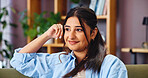  Thinking, woman and smile with memory in home for break, planning and nostalgia for daydreaming. Inspiration, relax and happy girl resting on sofa for reflection, wellness and comfort in living room
