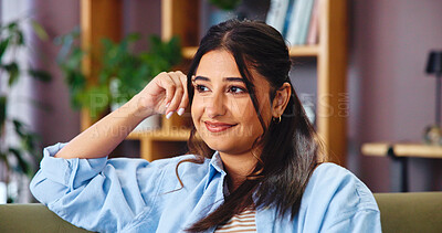 Buy stock photo Thinking, woman and smile with memory in home for break, planning and nostalgia for daydreaming. Inspiration, relax and happy girl resting on sofa for reflection, wellness and comfort in living room