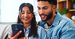 Couple, smartphone and social media on sofa with hug, bonding and funny story in home. Woman, man and phone in living room for storytelling, comedy and celebrity news on timeline with internet gossip