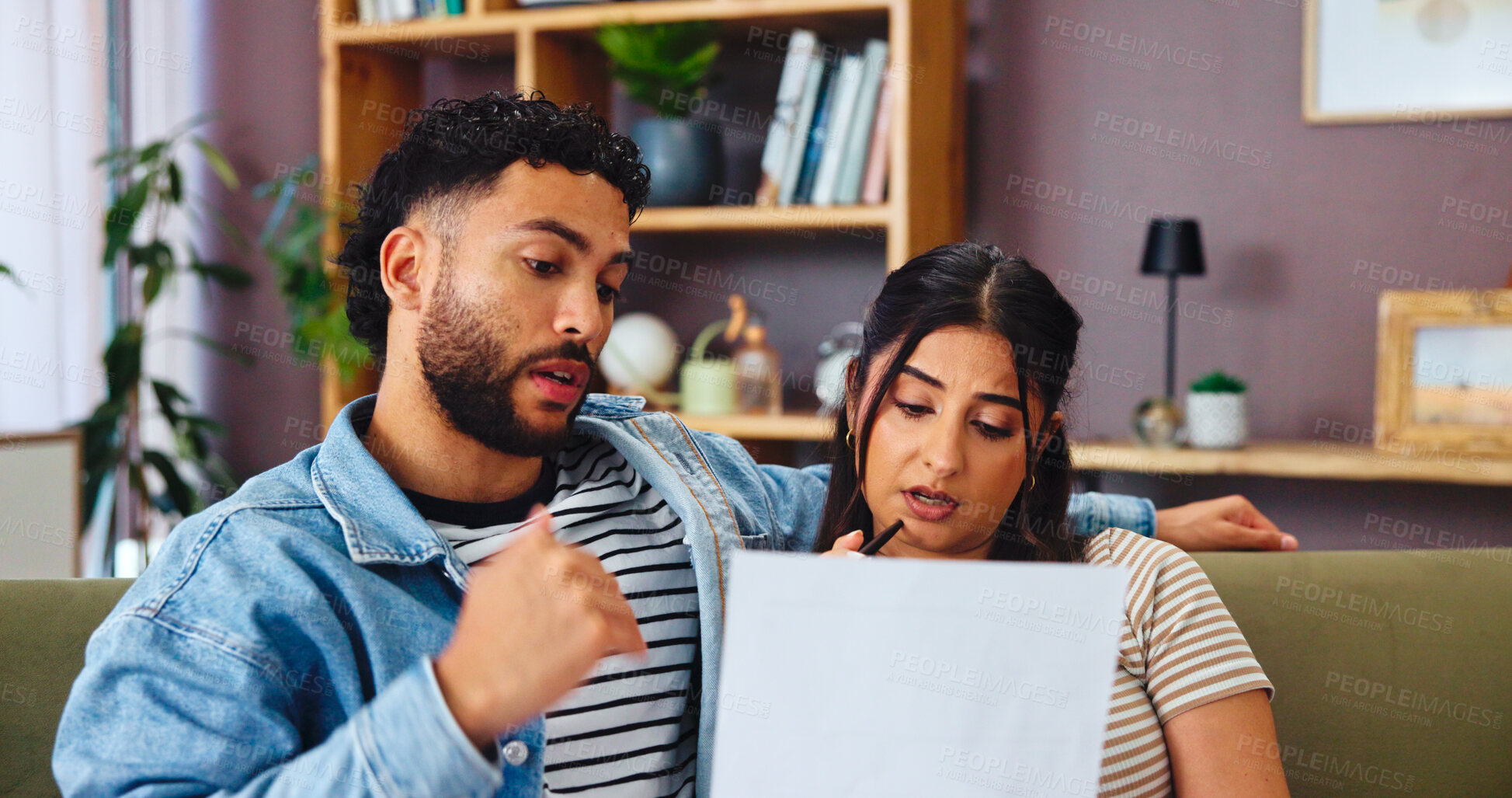 Buy stock photo Couple, paper and budget planning in home, mortgage expenses or insurance application. Living room, man and woman with document for financial discussion, taxes or bills for asset management with debt