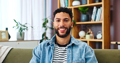 Buy stock photo Portrait, man and relax with smile on sofa for weekend break, peaceful and resting in apartment. Living room, person and happy in home for day off, calm and comfortable with confidence or positive