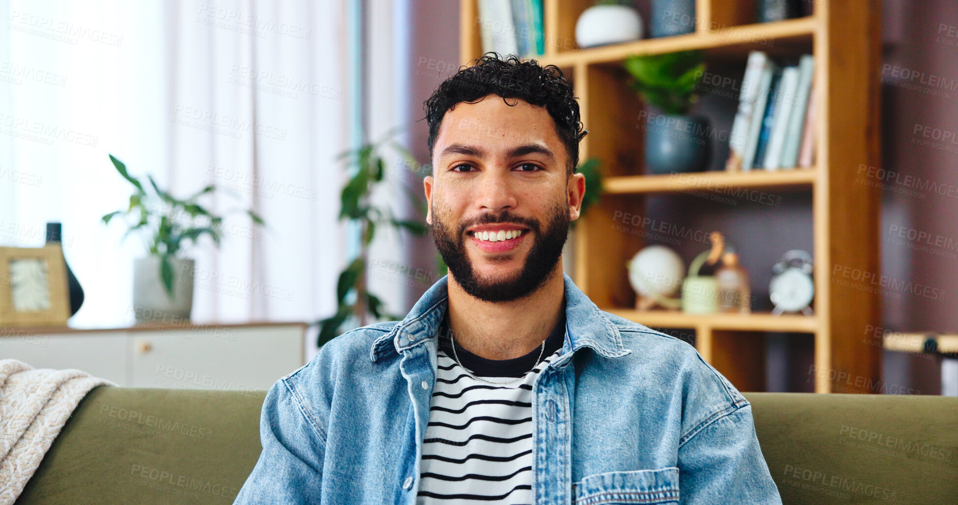 Buy stock photo Portrait, man and relax with smile on sofa for weekend break, peaceful and resting in apartment. Living room, person and happy in home for day off, calm and comfortable with confidence or positive