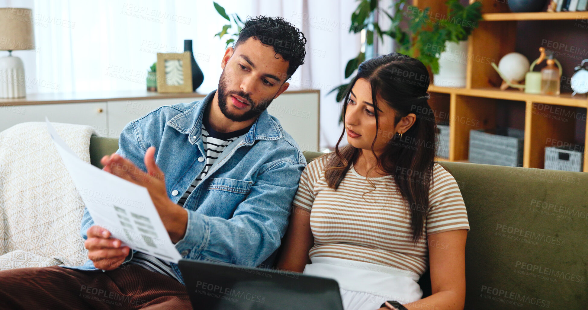 Buy stock photo Documents, taxes and couple on sofa on laptop for bills, online payment and internet banking. Marriage, computer and man and woman with paperwork for financial planning, receipt and insurance budget
