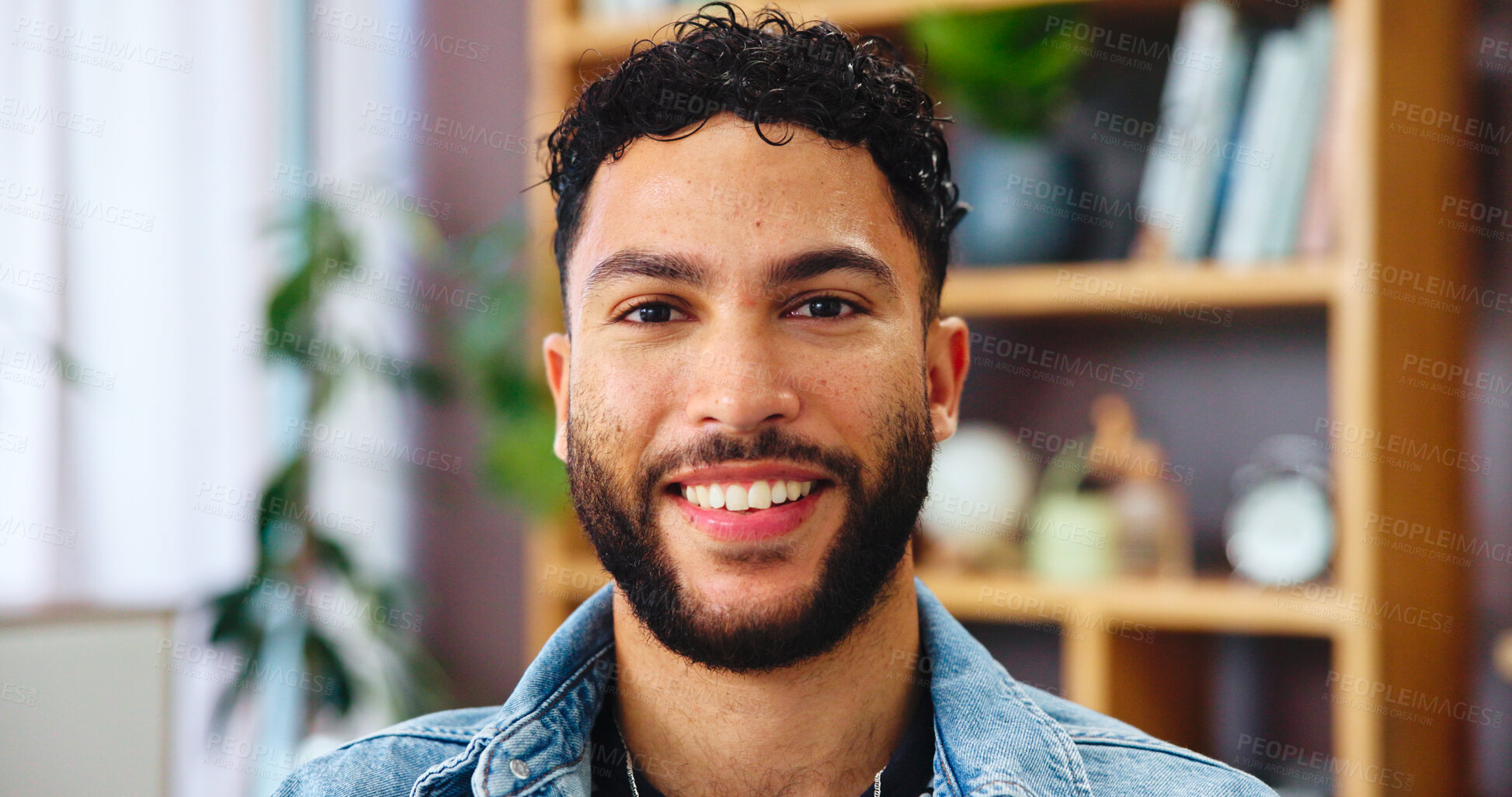Buy stock photo Portrait, relax or happy man in house living room for wellness, weekend or break. Face, sofa or proud male person with confidence,  or good mood for satisfaction or resting in home in Portugal