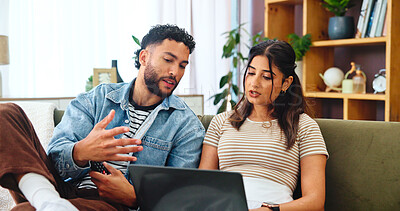 Buy stock photo Talking, laptop and couple on sofa in home for choice with online shopping, internet store and website. Dating, relationship and man with woman on computer for digital discounts in living room