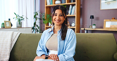 Buy stock photo Portrait, woman and relax with smile on sofa for weekend break, comfortable and resting in living room. Wellness, person and happy in home for chill, calm and satisfaction with confidence or positive