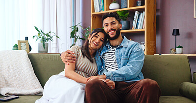 Buy stock photo Home, hug and couple with love, portrait and bonding together with weekend break, smile and calm. Embrace, apartment and man with woman, marriage and affection with romance, relationship or happiness