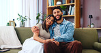 Home, hug and couple with love, portrait and bonding together with weekend break, smile and calm. Embrace, apartment and man with woman, marriage and affection with romance, relationship or happiness
