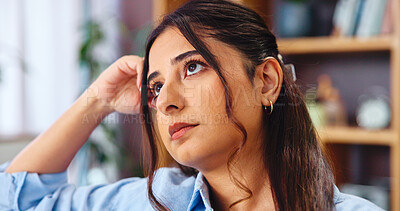Buy stock photo Thinking, bored and woman with memory in home for break, planning or nostalgia for daydreaming. Upset, sad or lonely girl with depression resting on sofa for reflection, ideas or question in lounge
