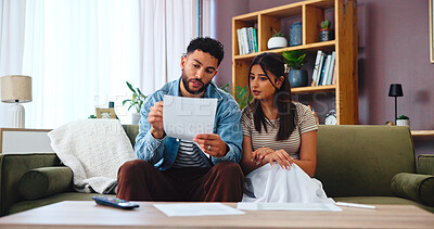 Buy stock photo Paperwork, taxes and couple on sofa in home for bills, payment receipts and banking. Marriage, relationship and man and woman with documents for financial planning with mortgage, insurance and budget