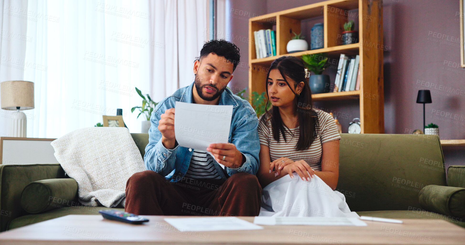 Buy stock photo Paperwork, taxes and couple on sofa in home for bills, payment receipts and banking. Marriage, relationship and man and woman with documents for financial planning with mortgage, insurance and budget