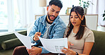Documents, taxes and couple on sofa in home for bills, payment receipts and banking. Marriage, relationship and man and woman with paperwork for financial planning with mortgage, insurance and budget