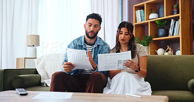 Buy stock photo Documents, taxes and couple on sofa for bills, payment receipts and banking in home. Marriage, relationship and man and woman with paperwork for financial planning with mortgage, insurance and budget