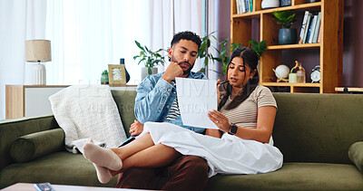Buy stock photo Couple, document and financial discussion in home, mortgage expenses or insurance application. Living room, man and woman with paper for budget planning, taxes or bills for asset management with debt