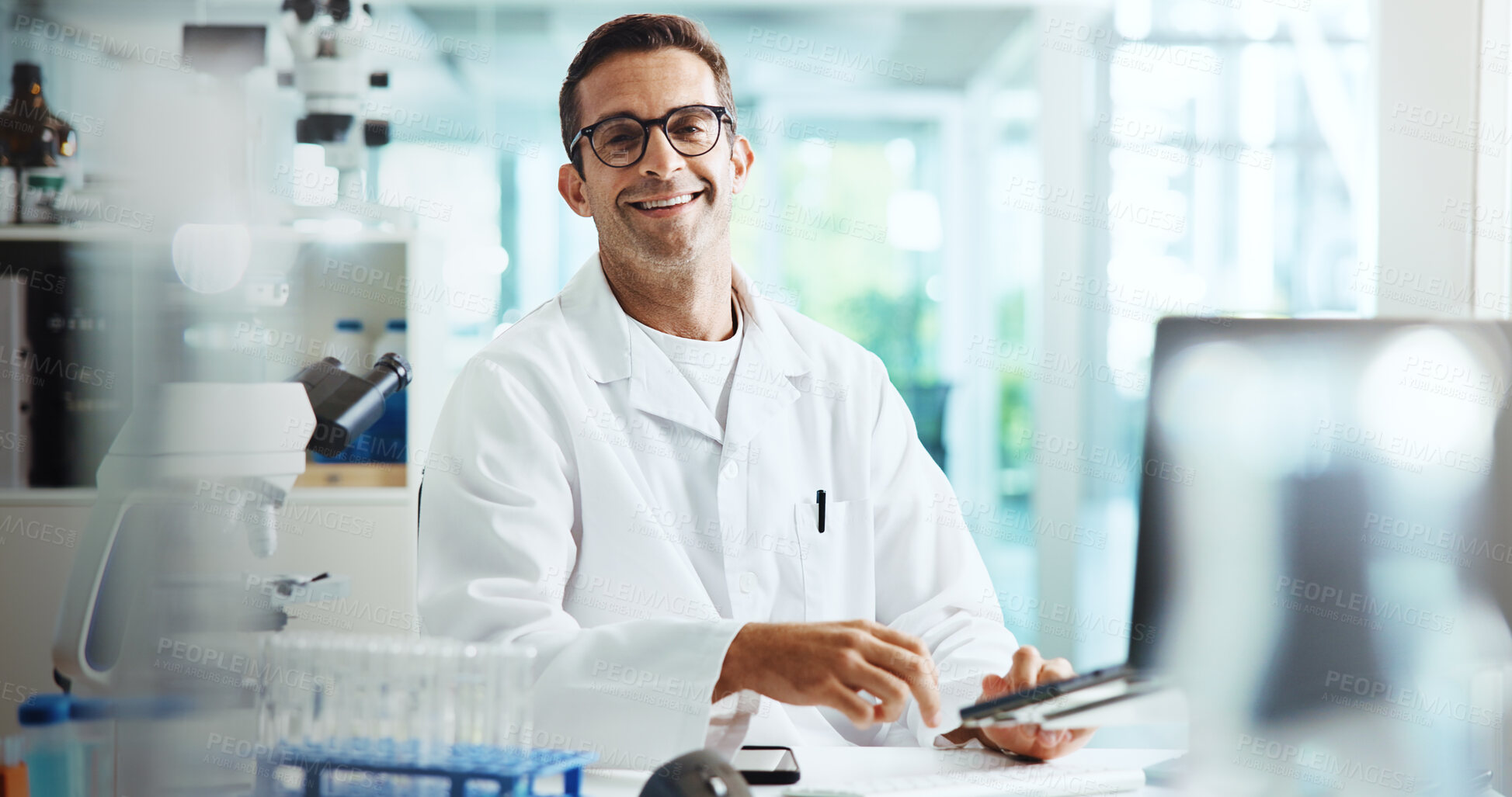 Buy stock photo Laptop, happy man or portrait of scientist in laboratory for chemical experiment with medical technology. Smile, research or medicinal chemist with pharmaceutical project or healthcare innovation