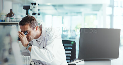 Buy stock photo Research, biotech or man in lab with microscope, vaccine test or medical experiment for cancer treatment. Cure, check or scientist with science report, study or sample with dna, bacteria and laptop