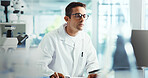 Biology, man or scientist on laptop in laboratory for chemical experiment, research with medical technology. Study, reading or medicinal chemist with pharmaceutical project or healthcare innovation