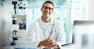 Buy stock photo Confidence, happy man or portrait of scientist in laboratory for chemical experiment with medical technology. Smile, research or medicinal chemist with pharmaceutical project or healthcare innovation