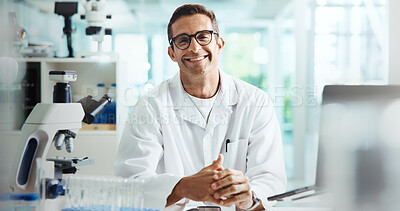 Buy stock photo Confident, happy man or portrait of scientist in laboratory for chemical experiment with medical technology. Smile, research or medicinal chemist with pharmaceutical project or healthcare innovation