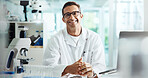 Confident, happy man or portrait of scientist in laboratory for chemical experiment with medical technology. Smile, research or medicinal chemist with pharmaceutical project or healthcare innovation