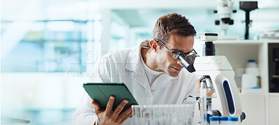 Buy stock photo Man, microscope and tablet for results in lab for medical study with container, review and vaccine development. Person, digital touchscreen and app for chemical analysis with pharmaceutical science
