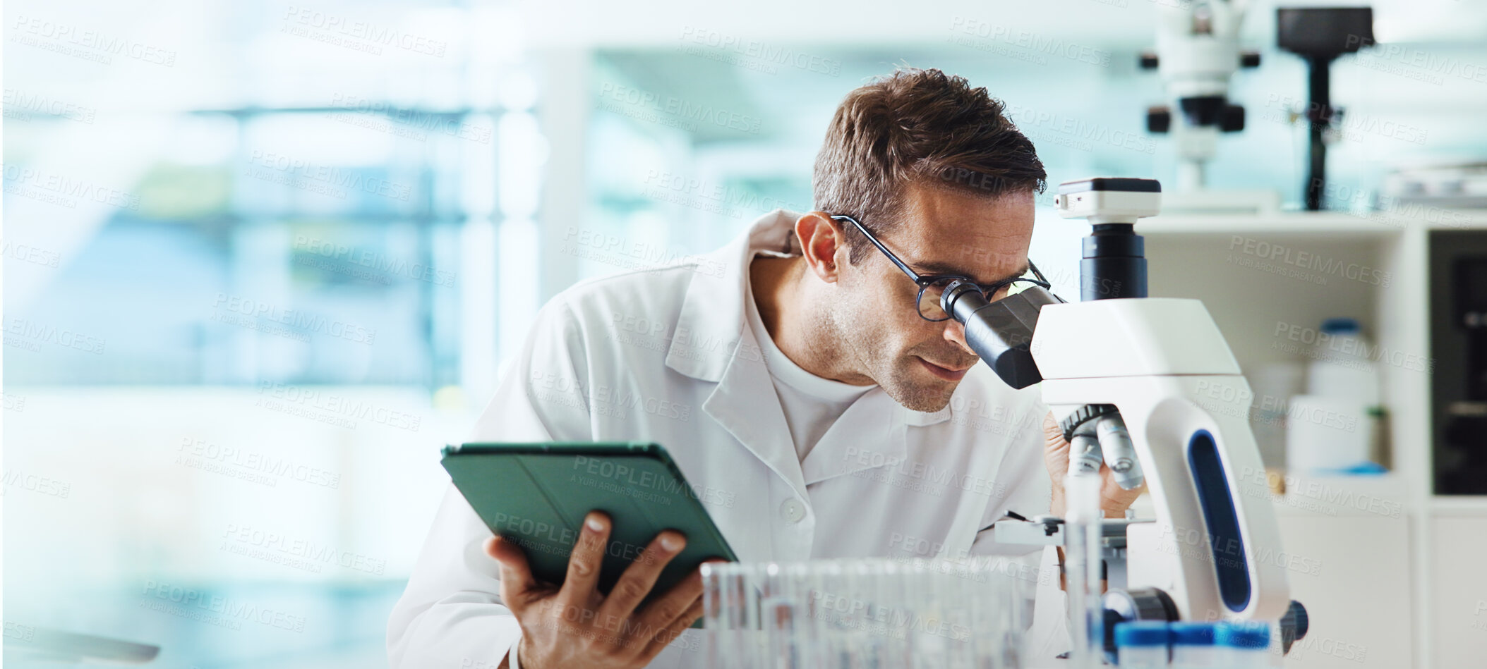 Buy stock photo Man, microscope and tablet for results in lab for medical study with container, review and vaccine development. Person, digital touchscreen and app for chemical analysis with pharmaceutical science