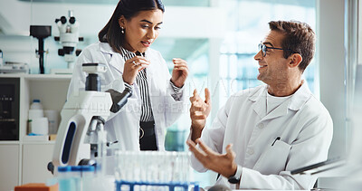 Buy stock photo Results, research or people in science with discussion, microscope or medical experiment for cancer treatment. Study, scientist or teamwork with lab report, test or sample with DNA, cure or bacteria