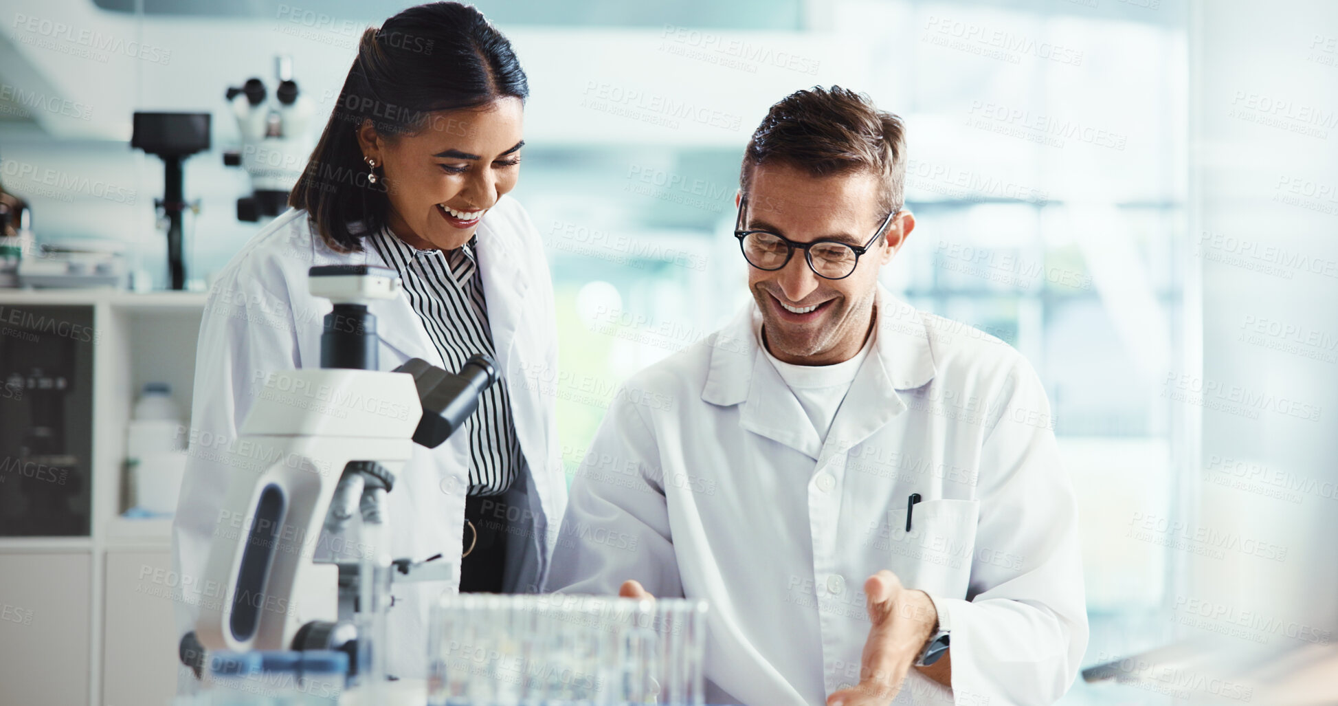 Buy stock photo Happy, research or people in lab with results, review or medical experiment for cancer treatment. Good news, scientist or teamwork with science, test or cure sample with dna, particles or bacteria