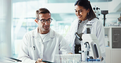 Buy stock photo Results, biotech or people in lab with tablet, microscope or medical experiment for cancer treatment. Smile, scientist or teamwork with science report, test or sample with dna, particles or bacteria