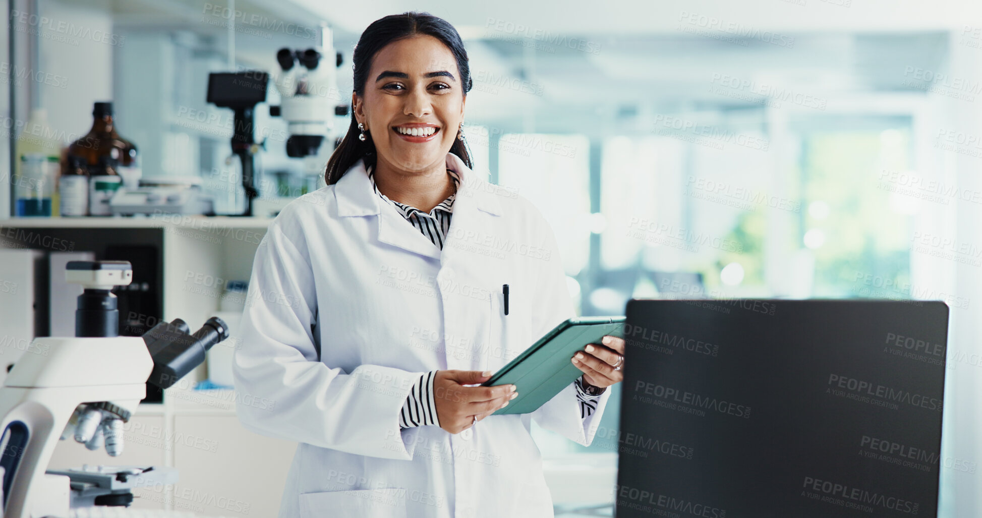 Buy stock photo Scientist, woman and portrait with tablet for chemistry, testing or medical research. Biotech, laboratory and analysis with data inspection for pharmaceutical or pathology experiment for breakthrough