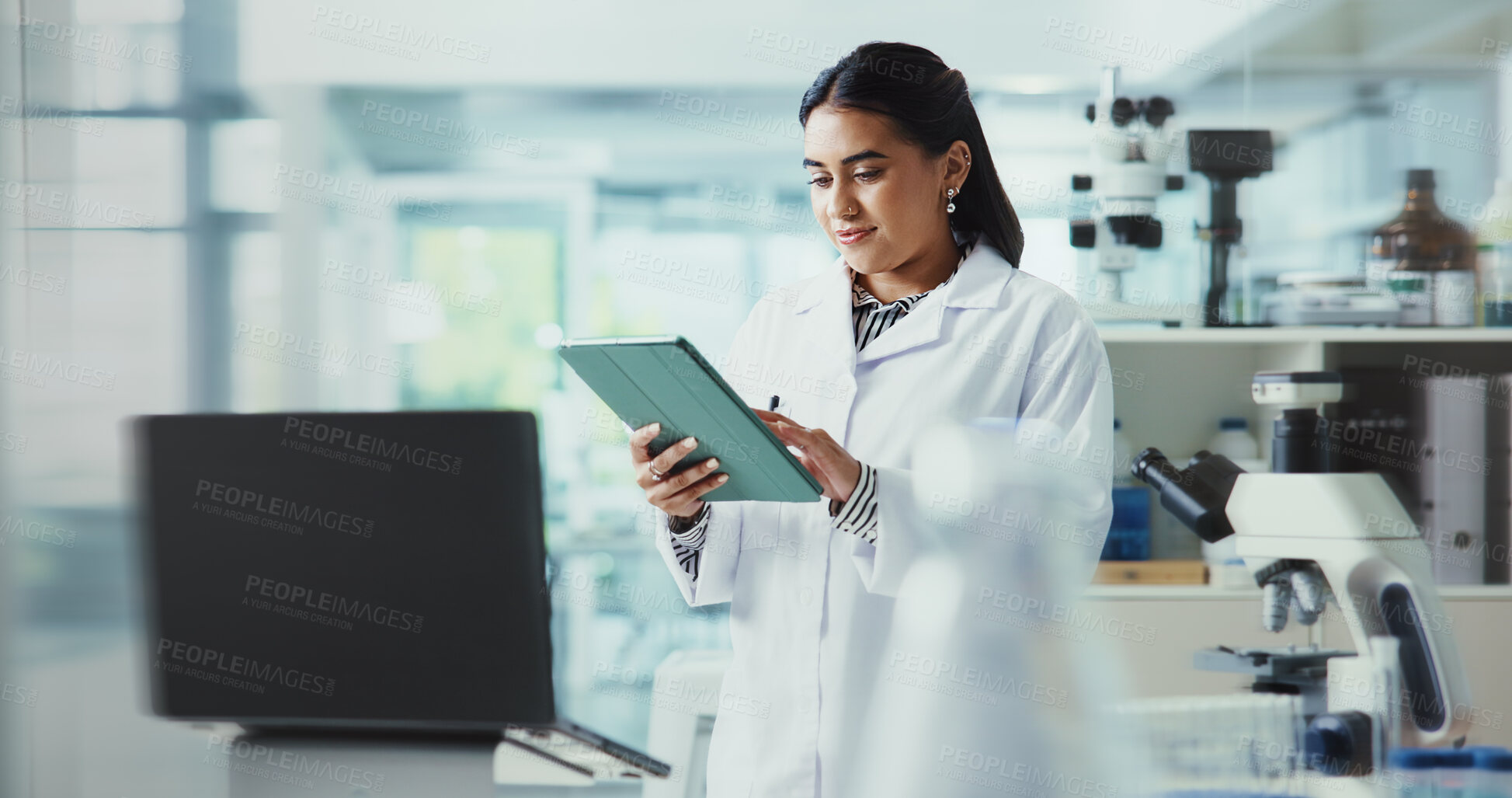 Buy stock photo Tablet, woman and scientist in laboratory for research on healthcare innovation with biomedical engineering. Science, digital technology and female chemist working on pharmaceutical immunotherapies.