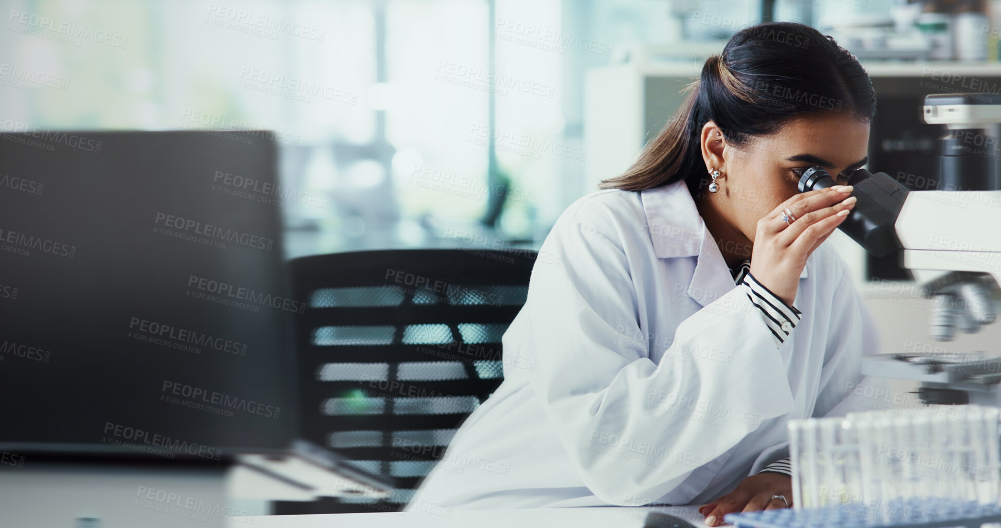 Buy stock photo Research, biotech or woman in lab with microscope, vaccine test or medical experiment for cancer treatment. Future, check or scientist with science, study or sample with cure, particles or bacteria