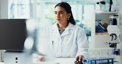 Buy stock photo Research, medical and woman in lab, computer and internet with connection, biotechnology and cancer treatment. Person, researcher and scientist in workplace, pc and website info with cure development