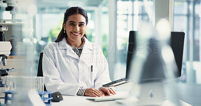 Buy stock photo Typing, woman and portrait of scientist in laboratory for chemical experiment. Professional, research and medicinal chemist with pharmaceutical project for healthcare innovation with technology.