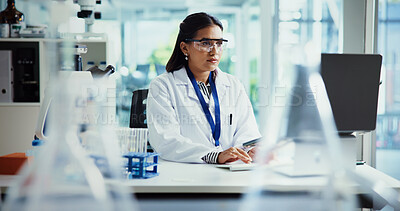 Buy stock photo Physics, Indian woman or scientist on computer in lab for chemical experiment, report or medical technology. Research, test or chemist with development, pharmaceutical project or healthcare study